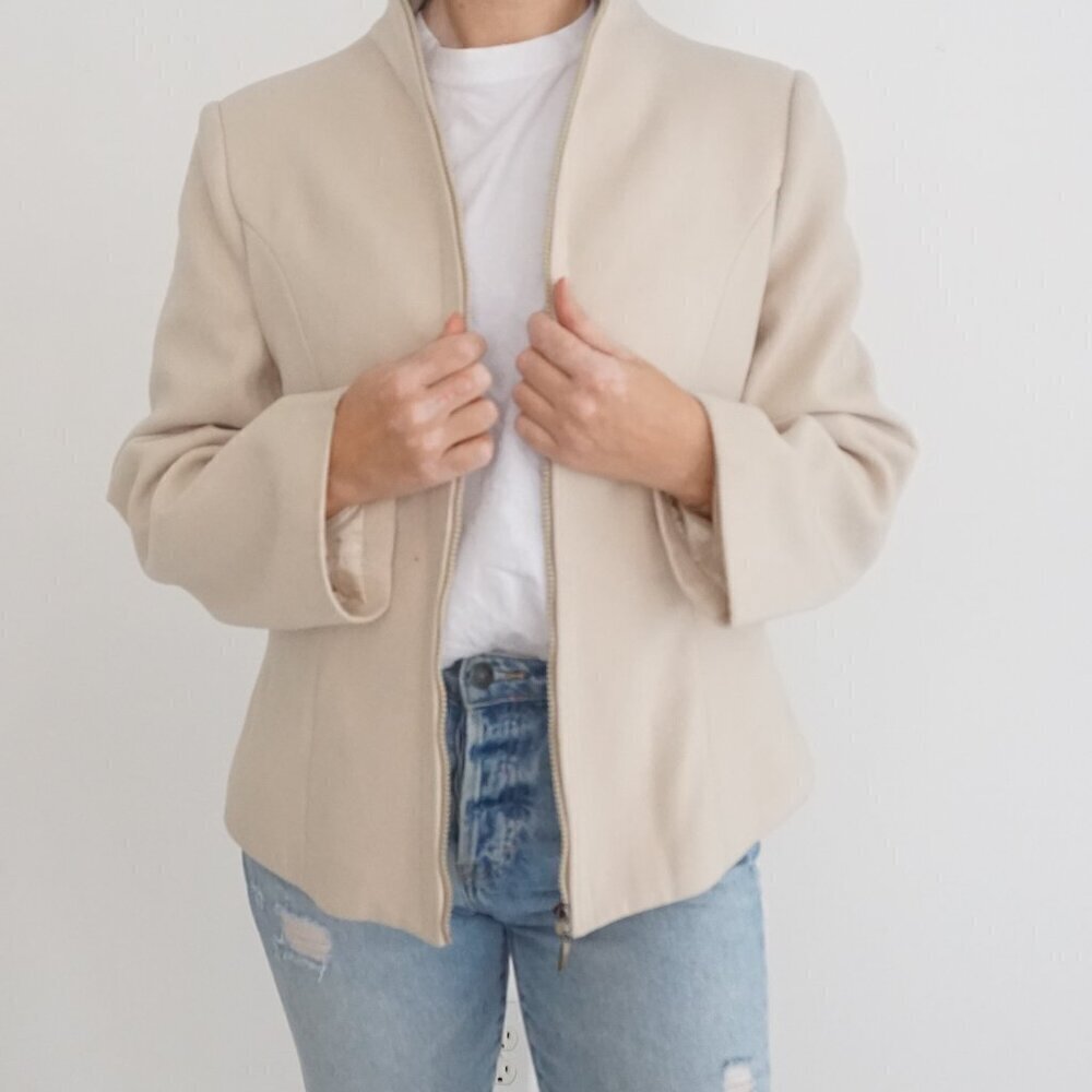Fendi Moglia Beige Cashmere Fleece Zip Up Lightweight Blazer Jacket XXL